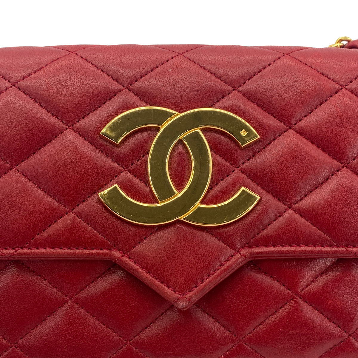 CHANEL VINTAGE MATELASSE BIG COCO CHAIN  SHOULDER BAG RED LAMB SKIN 90277087