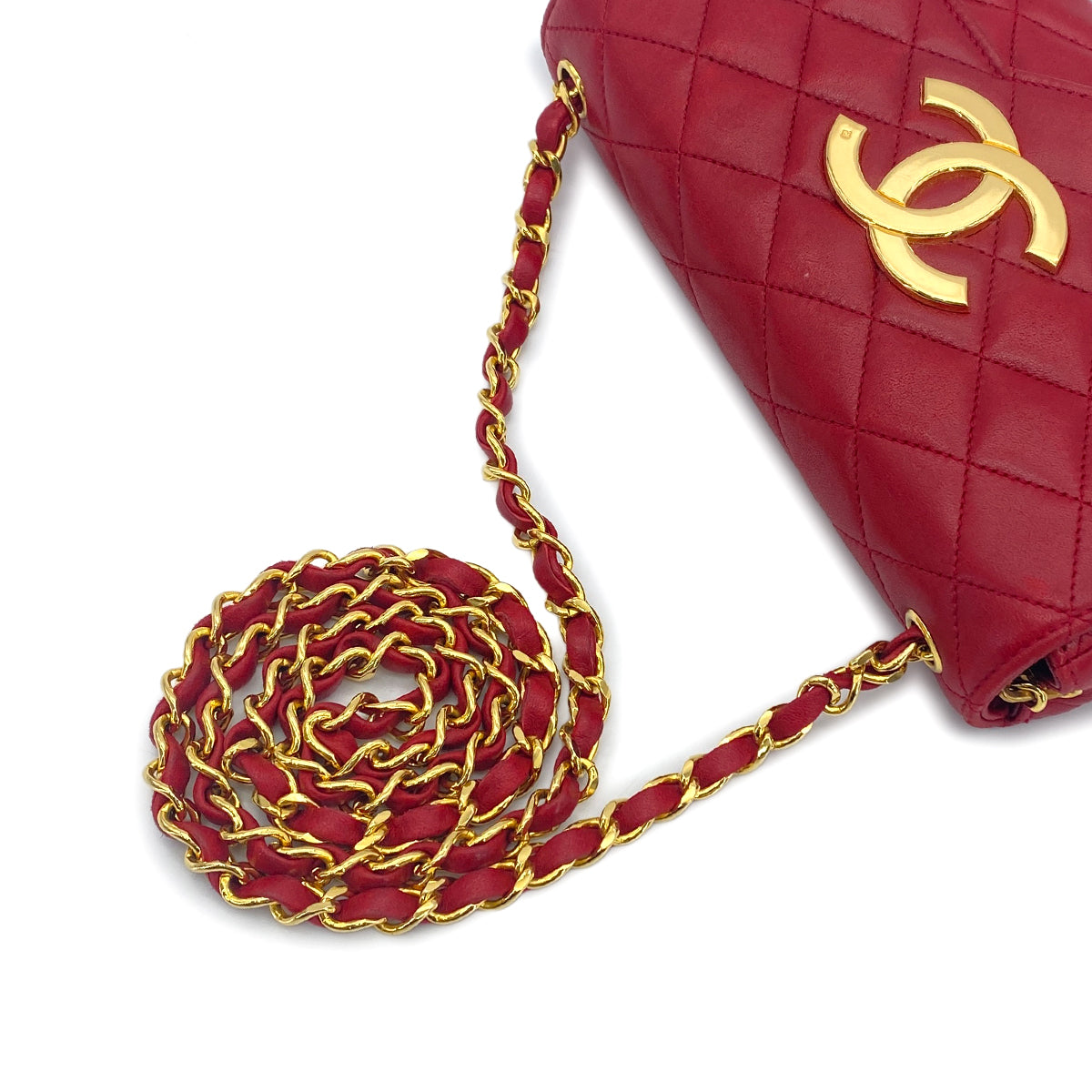 CHANEL VINTAGE MATELASSE BIG COCO CHAIN  SHOULDER BAG RED LAMB SKIN 90277087