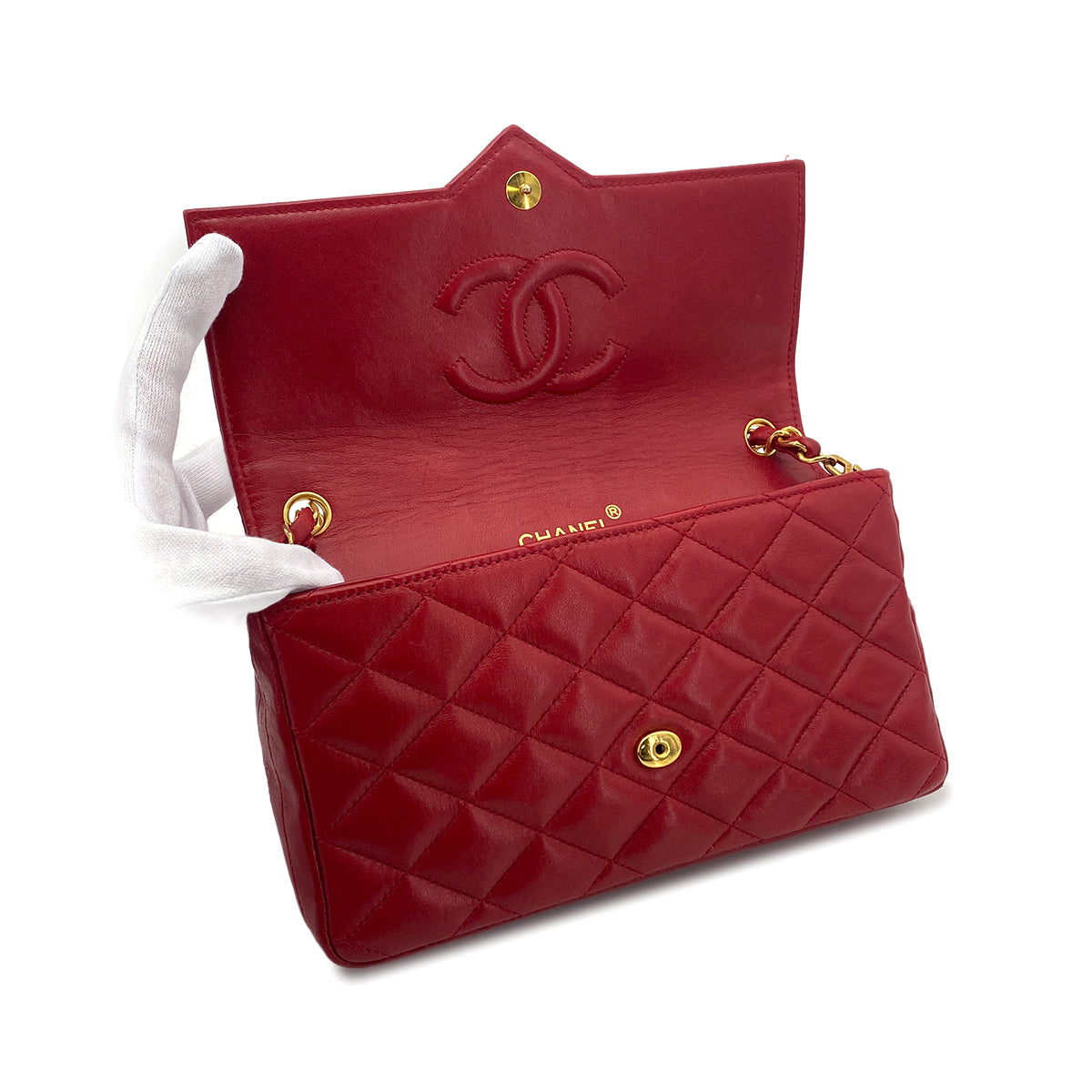 CHANEL VINTAGE MATELASSE BIG COCO CHAIN  SHOULDER BAG RED LAMB SKIN 90277087