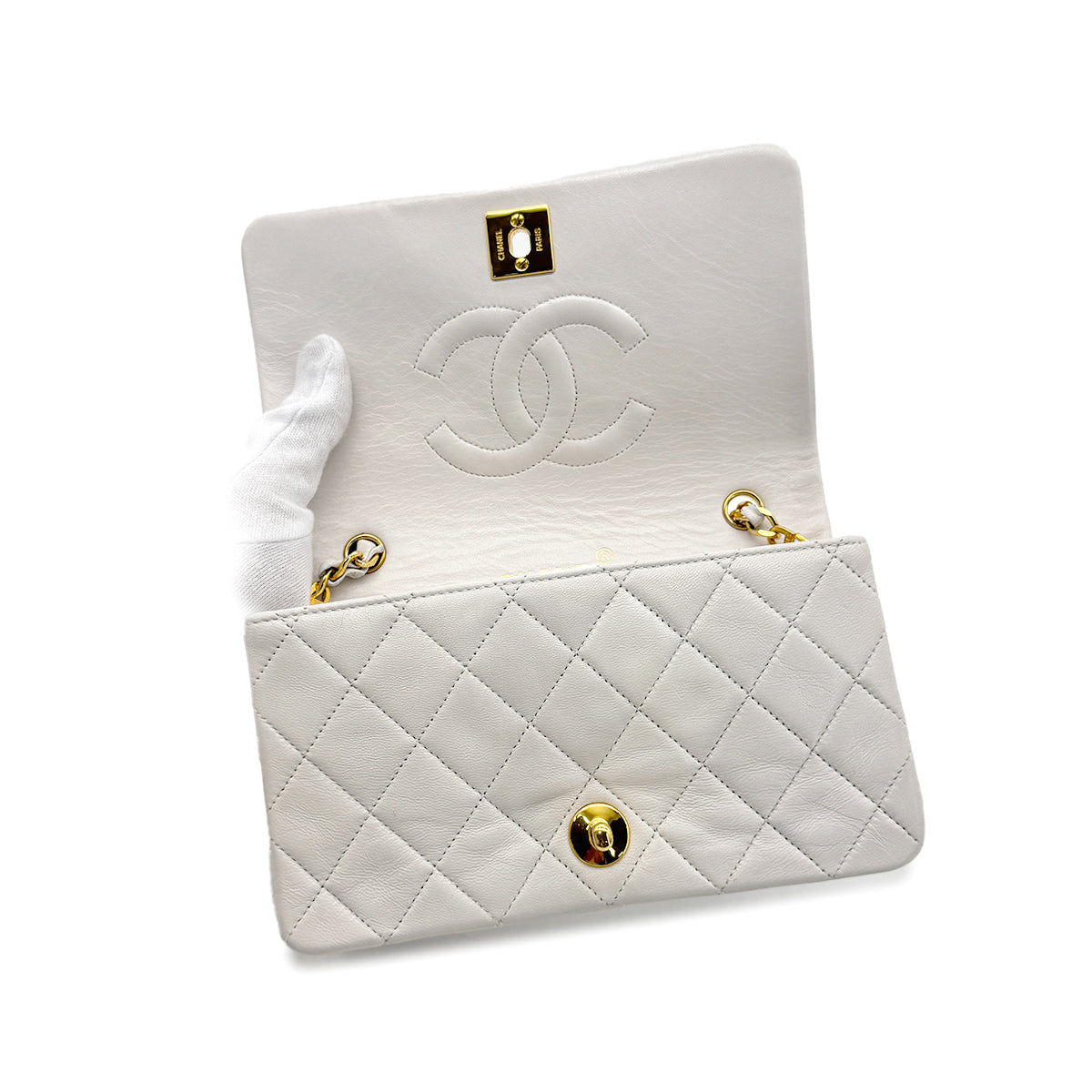 CHANEL VINTAGE FULL FLAP CHAIN SHOULDER BAG WHITE LAMB SKIN 90277088