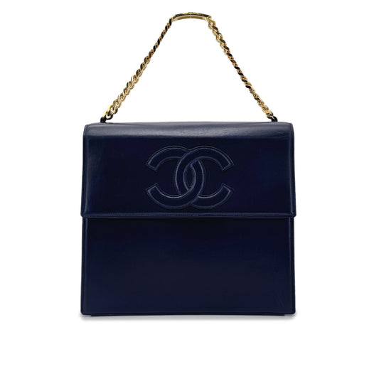 CHANEL VINTAGE COCOMARK CHAIN HAND BAG  NAVY LAMB SKIN 90277238