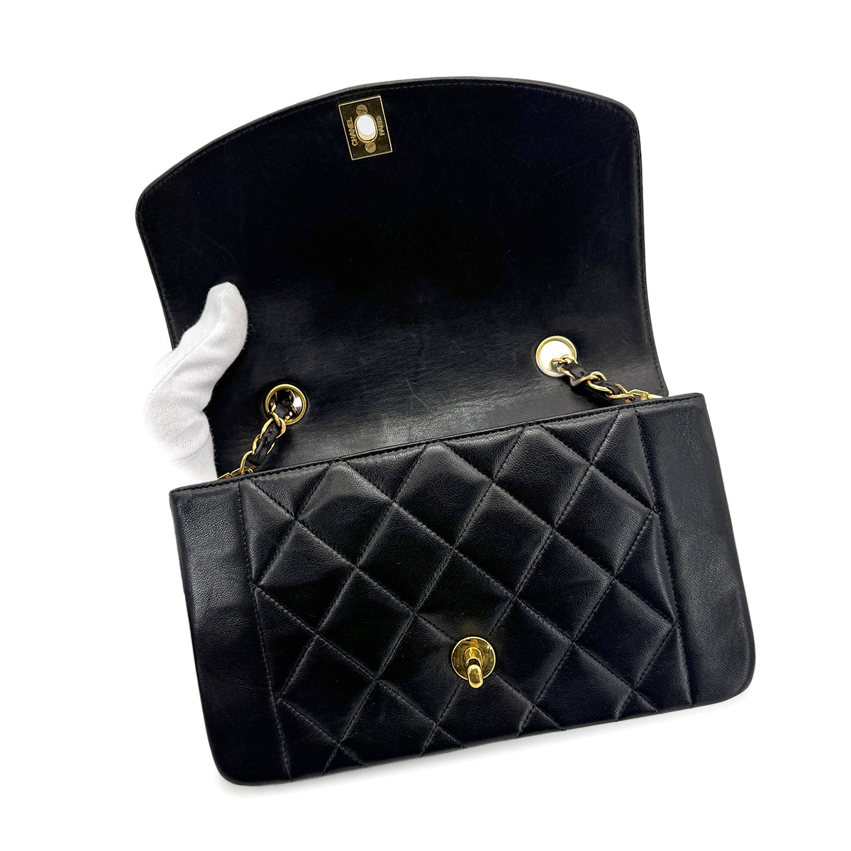 CHANEL VINTAGE DIANA SMALL CHAIN SHOULDER BAG BLACK LAMB SKIN 90277247