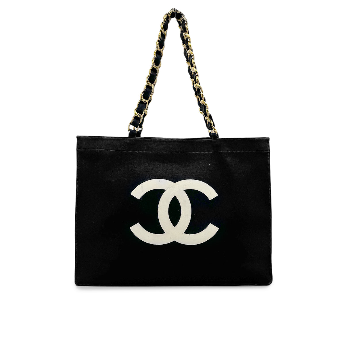 CHANEL VINTAGE CHAIN TOTE BAG BLACK WHITE CANVAS 90277248