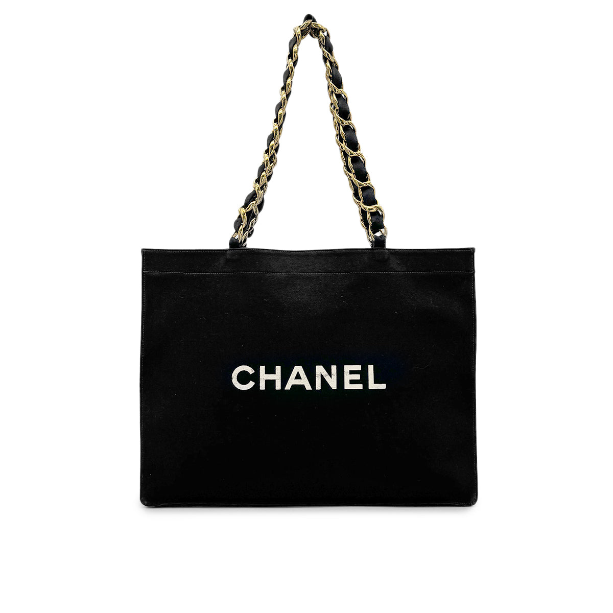 CHANEL VINTAGE CHAIN TOTE BAG BLACK WHITE CANVAS 90277248