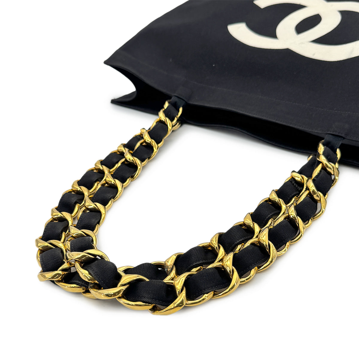CHANEL VINTAGE CHAIN TOTE BAG BLACK WHITE CANVAS 90277248