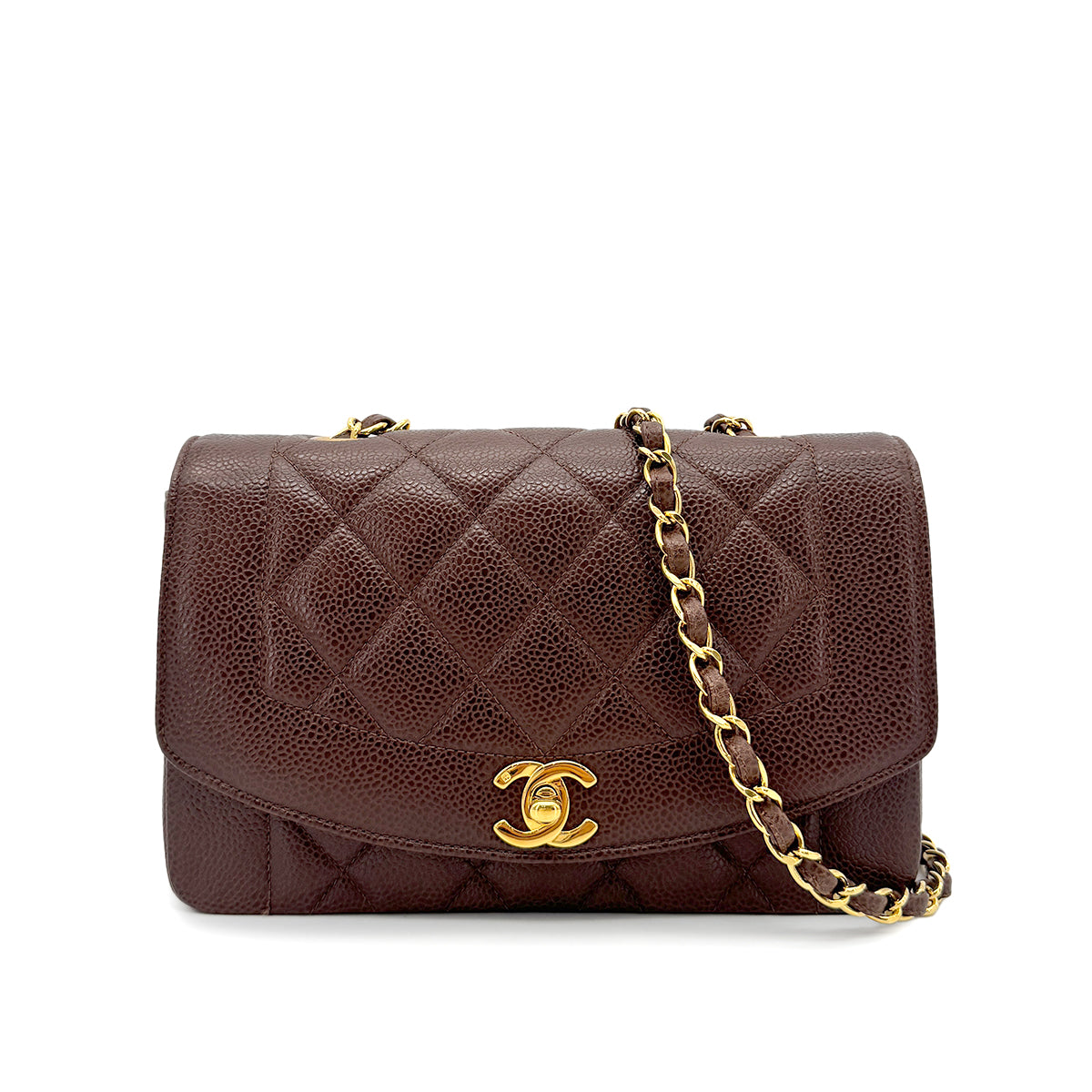 CHANEL VINTAGE DIANA SMALL CHAIN SHOULDER BAG BROWN CAIVAR SKIN 90277279