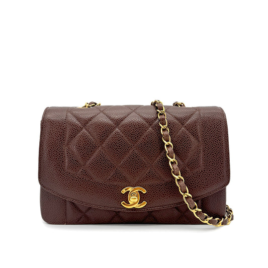 CHANEL VINTAGE DIANA SMALL CHAIN SHOULDER BAG BROWN CAIVAR SKIN 90277279