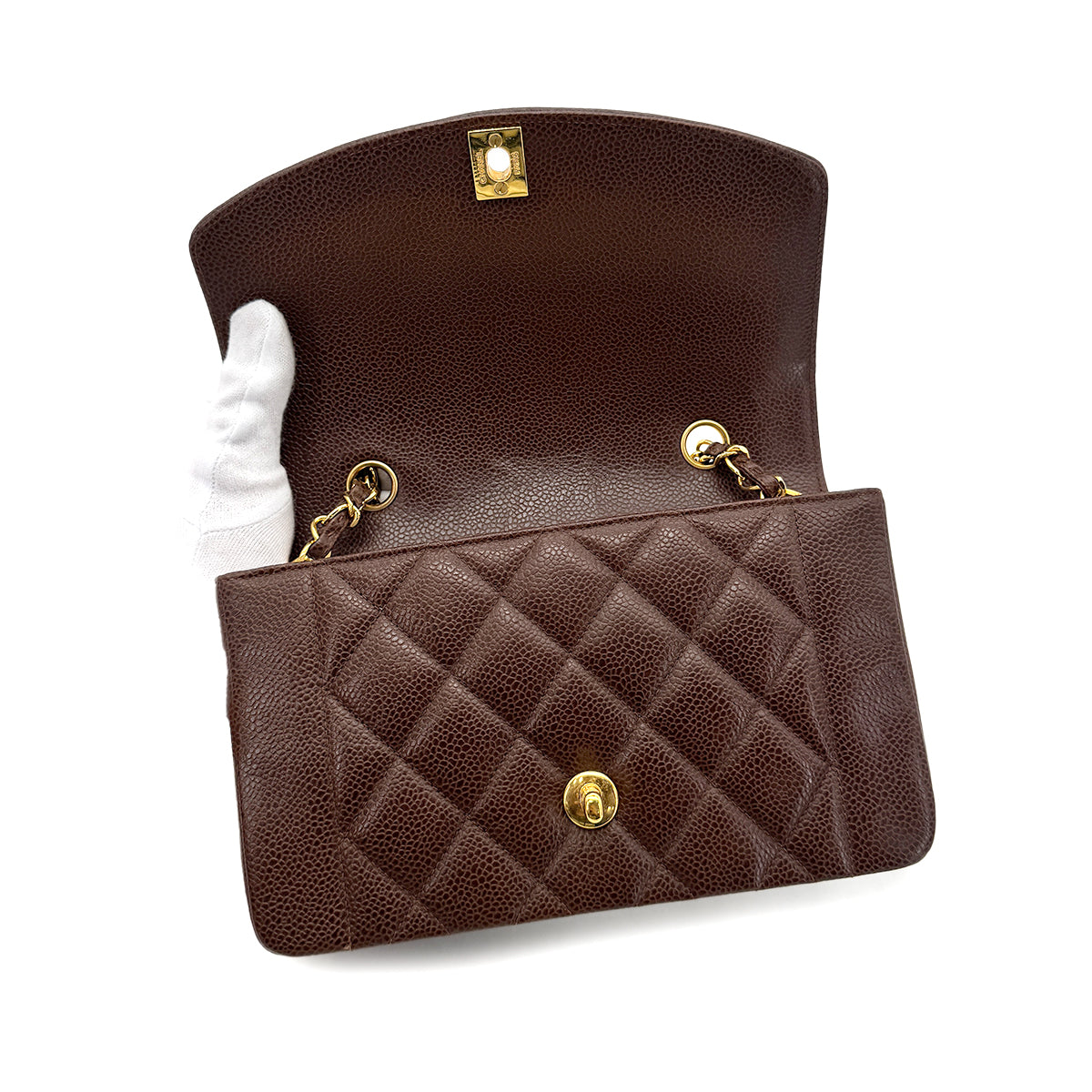 CHANEL VINTAGE DIANA SMALL CHAIN SHOULDER BAG BROWN CAIVAR SKIN 90277279