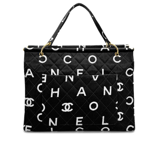 CHANEL VINTAGE MATELASSE LOGO TOTE BAG BLACK COTTON 90277280