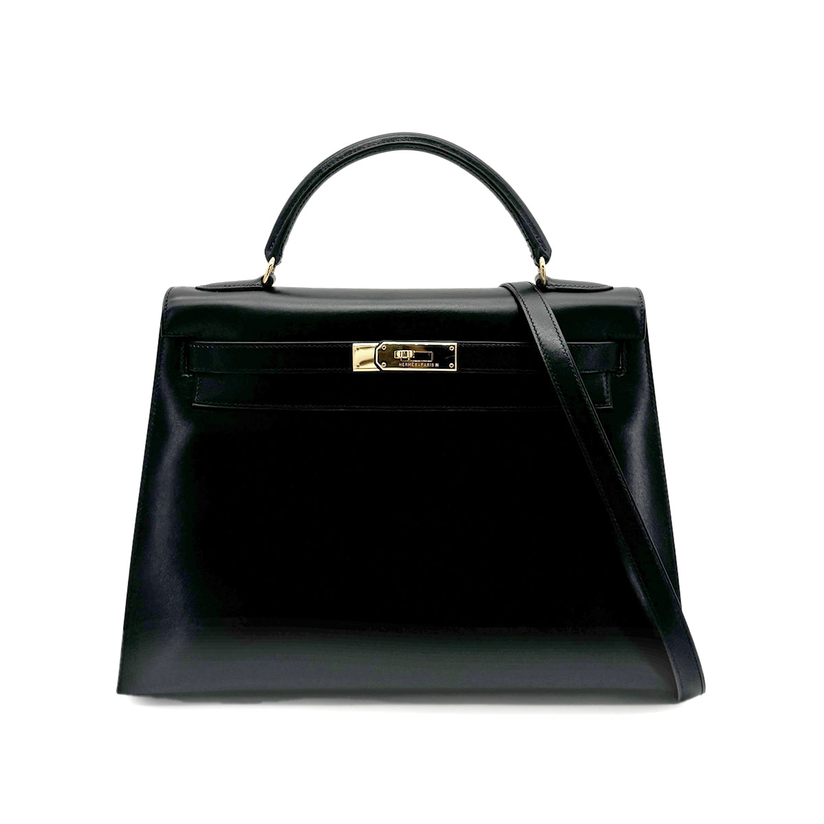 HERMES KELLY 32 SELLIER BLACK BOXCALF HAND SHOULDER BAG □C GHW 90277282