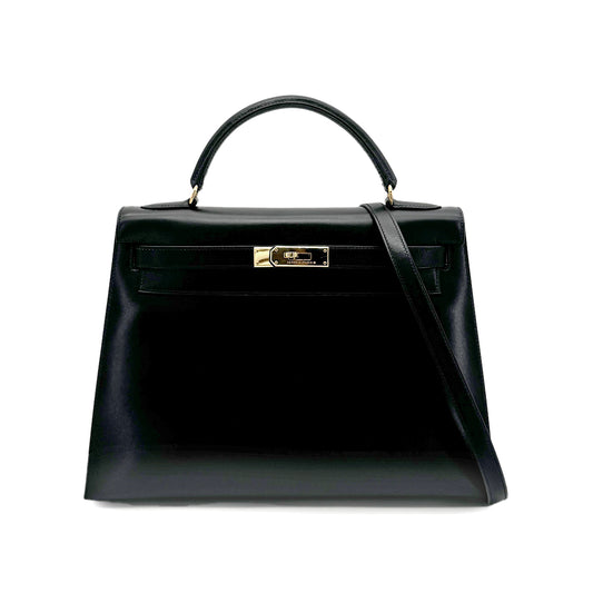 HERMES KELLY 32 SELLIER BLACK BOXCALF HAND SHOULDER BAG □C GHW 90277282