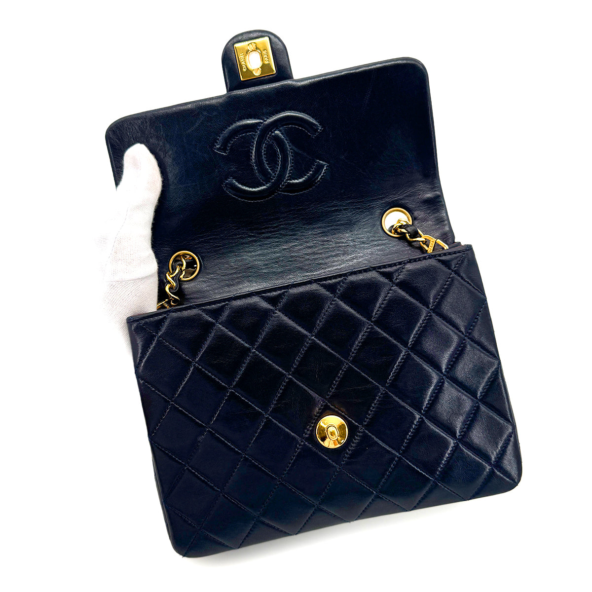 CHANEL VINTAGE MINI MATELASSE CHAIN SHOULDER BAG NAVY LAMB SKIN 90277291