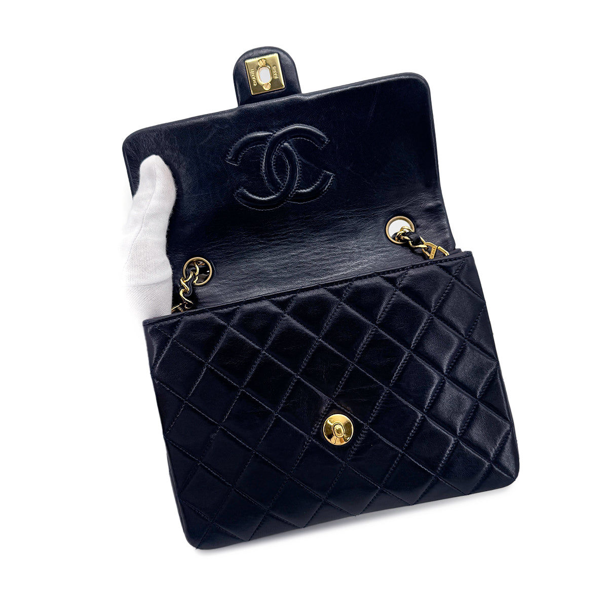 CHANEL VINTAGE MINI MATELASSE CHAIN SHOULDER BAG NAVY LAMB SKIN 90277291