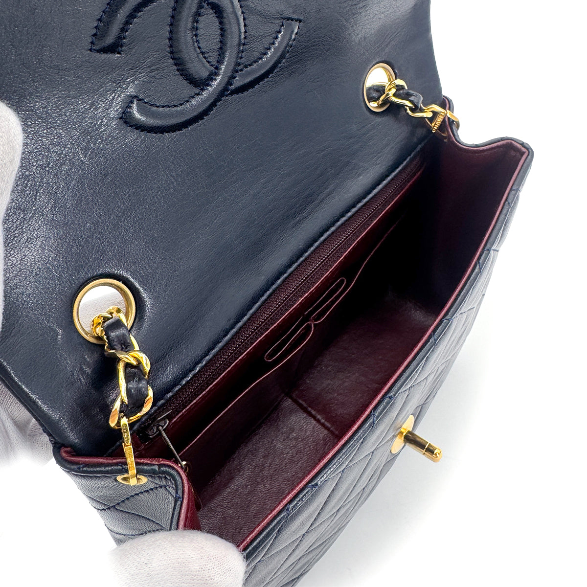 CHANEL VINTAGE MINI MATELASSE CHAIN SHOULDER BAG NAVY LAMB SKIN 90277291