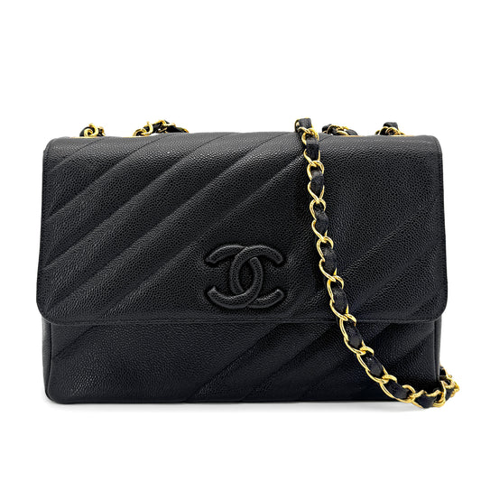 CHANEL VINTAGE BIAS STITCH CHAIN SHOULDER BAG BLACK CAVIAR SKIN 90277292