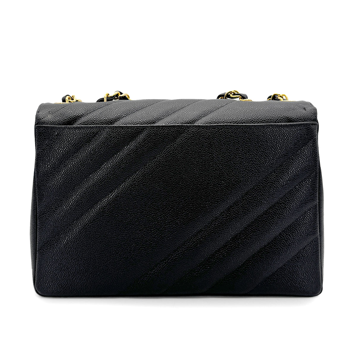 CHANEL VINTAGE BIAS STITCH CHAIN SHOULDER BAG BLACK CAVIAR SKIN 90277292