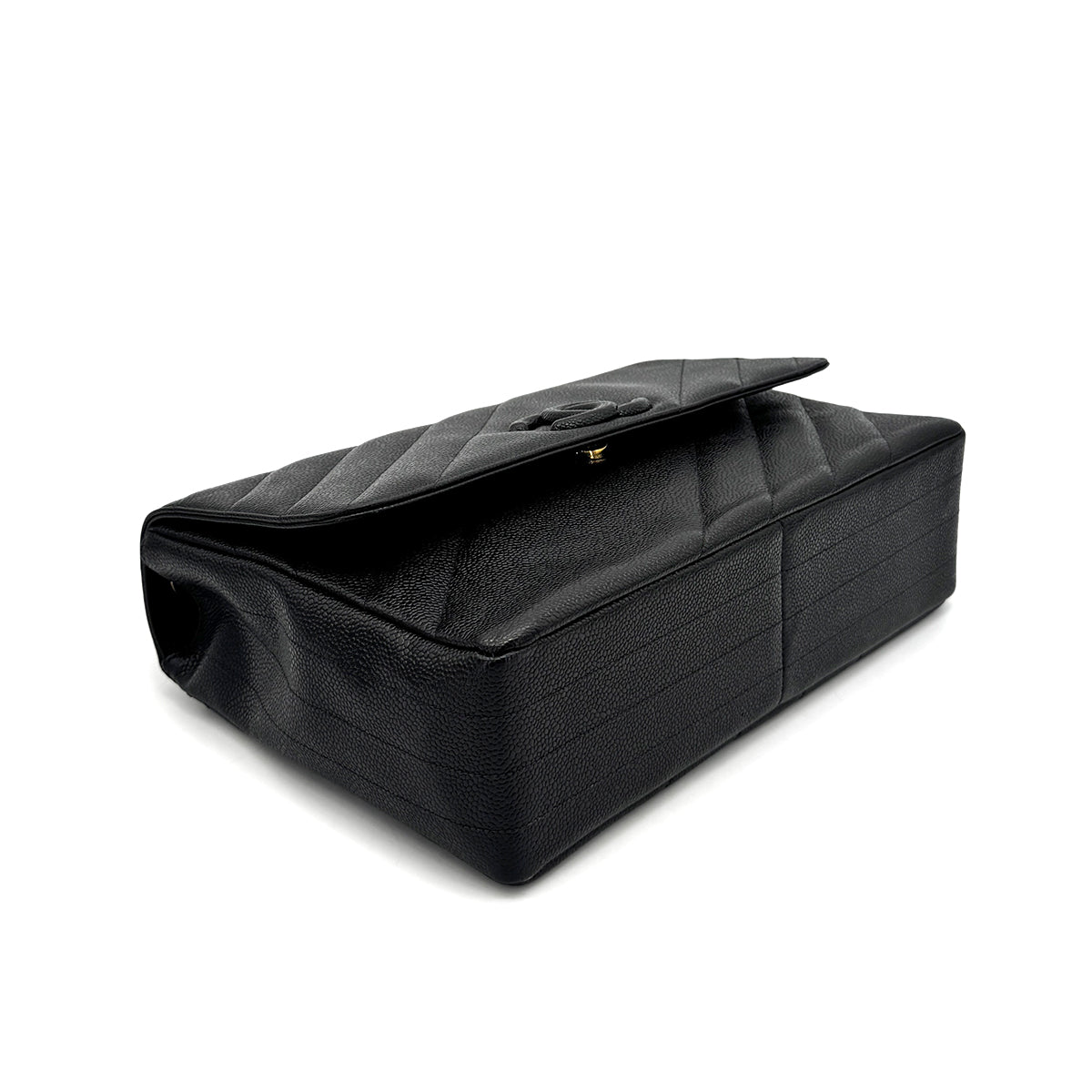 CHANEL VINTAGE BIAS STITCH CHAIN SHOULDER BAG BLACK CAVIAR SKIN 90277292