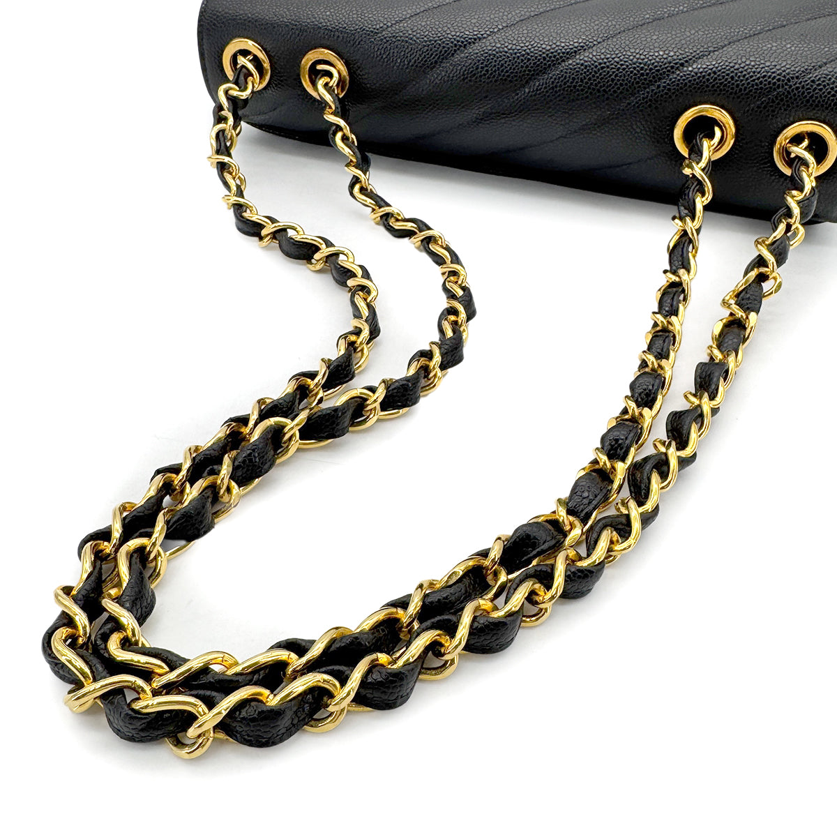 CHANEL VINTAGE BIAS STITCH CHAIN SHOULDER BAG BLACK CAVIAR SKIN 90277292