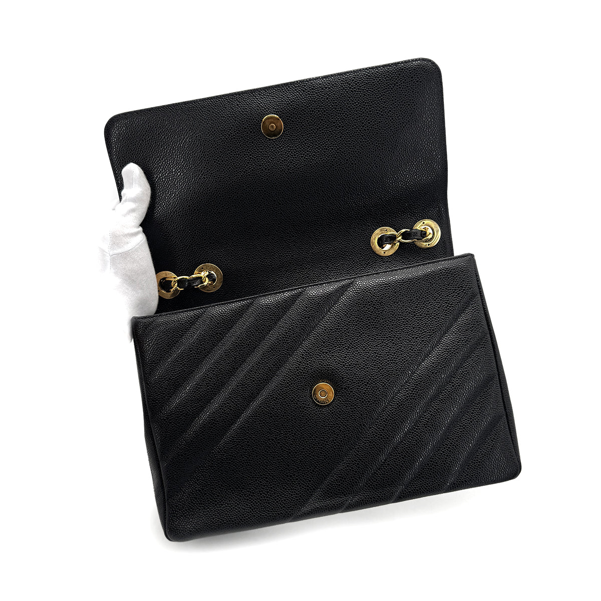 CHANEL VINTAGE BIAS STITCH CHAIN SHOULDER BAG BLACK CAVIAR SKIN 90277292