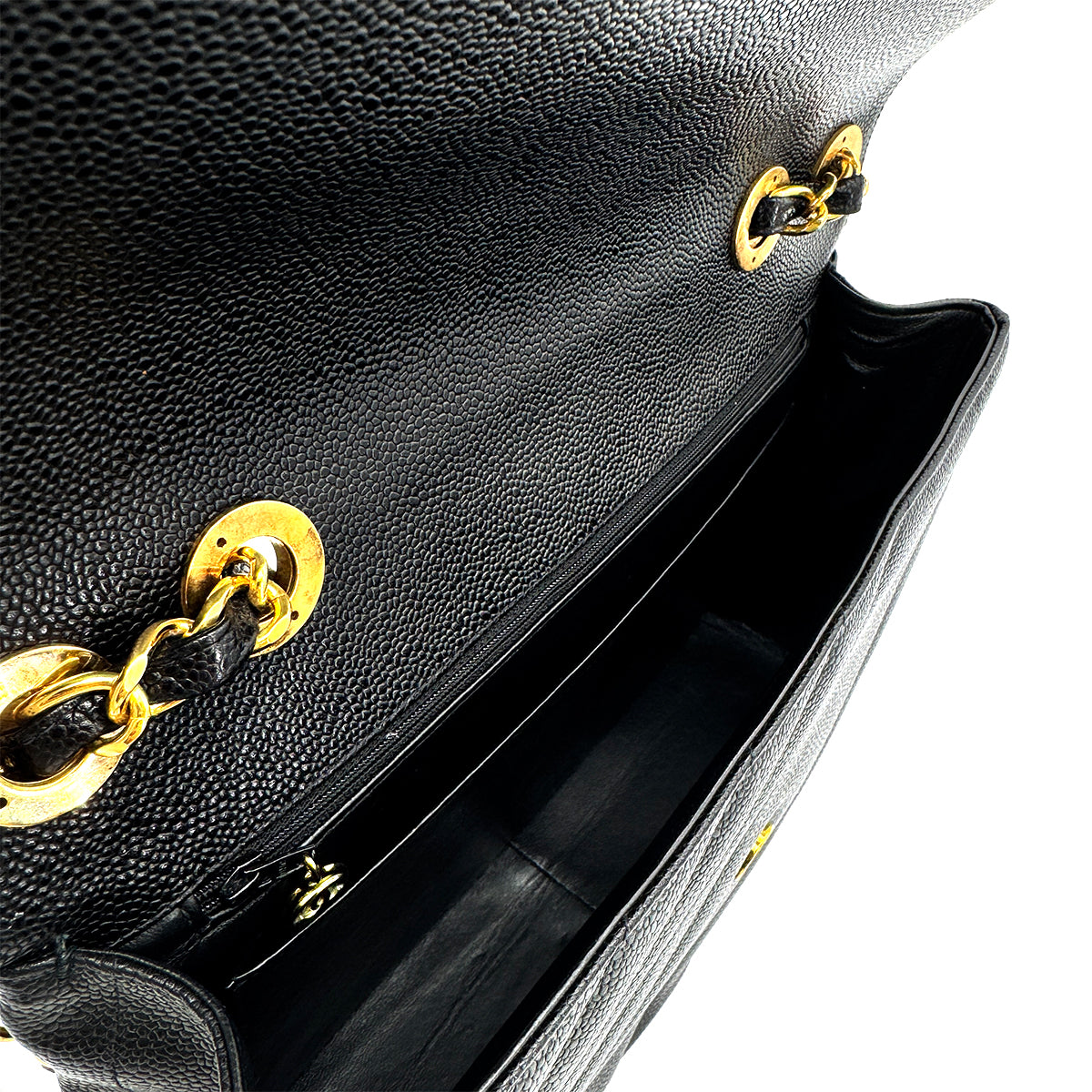 CHANEL VINTAGE BIAS STITCH CHAIN SHOULDER BAG BLACK CAVIAR SKIN 90277292