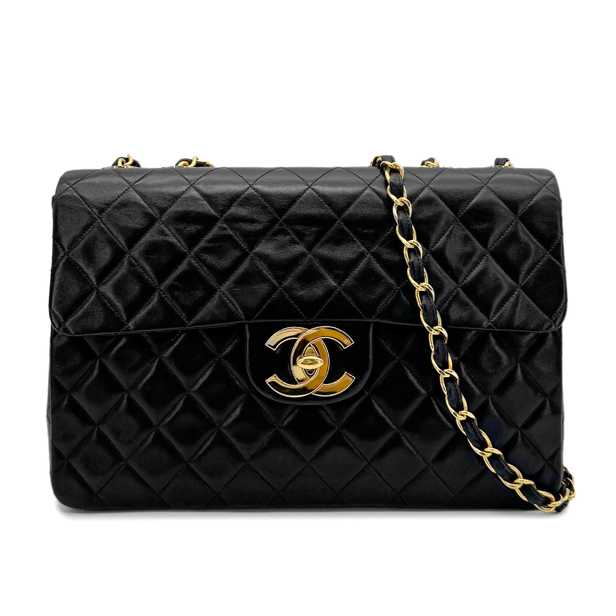 CHANEL VINTAGE MAXI MATELASSE 34 CHAIN SHOULDER BAG BLACK LAMB SKIN 90277293