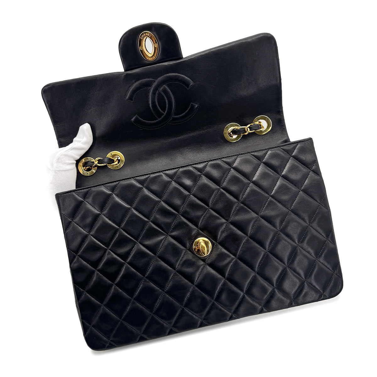 CHANEL VINTAGE MAXI MATELASSE 34 CHAIN SHOULDER BAG BLACK LAMB SKIN 90277293