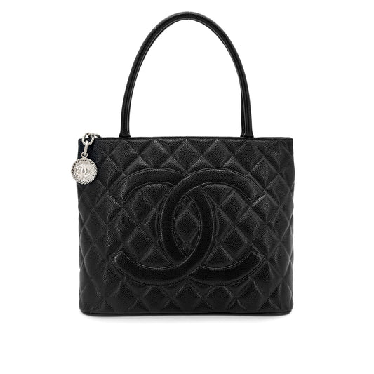 CHANEL VINTAGE MEDALLION TOTE BAG BLACK CAVIAR SKIN 90277325