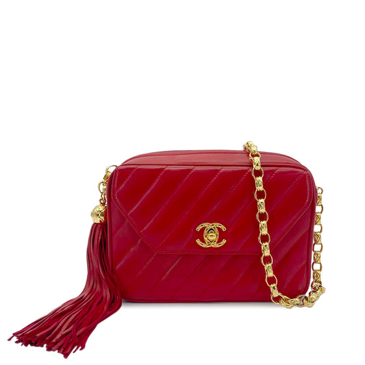 CHANEL VINTAGE BIAS STITCH FRINGE BIJOU CHAIN SHOULDER BAG RED LAMB SKIN 90277334