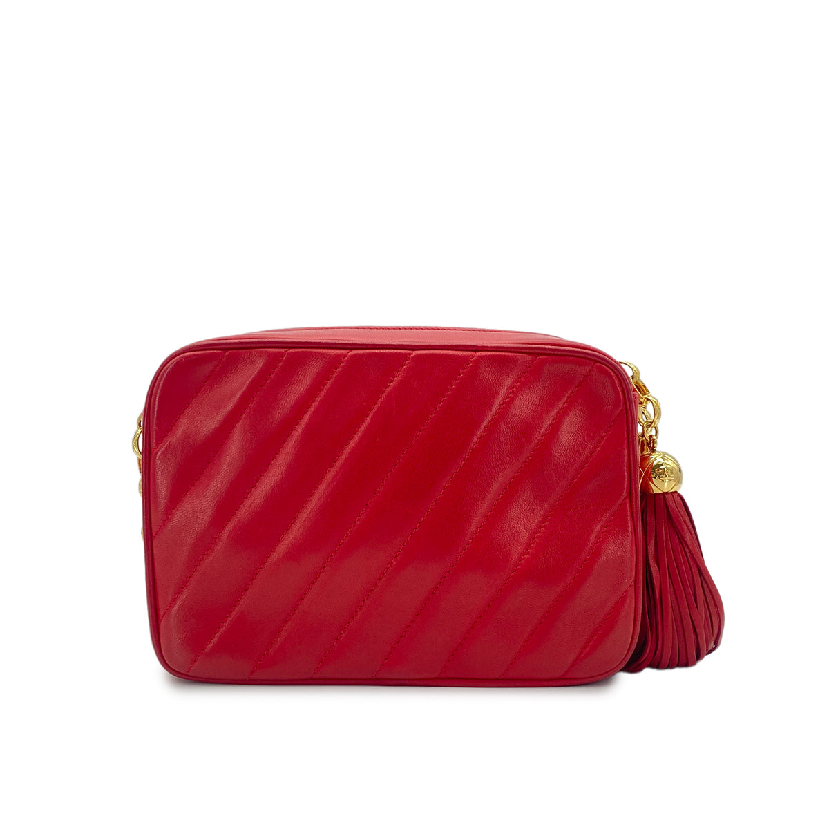 CHANEL VINTAGE BIAS STITCH FRINGE BIJOU CHAIN SHOULDER BAG RED LAMB SKIN 90277334