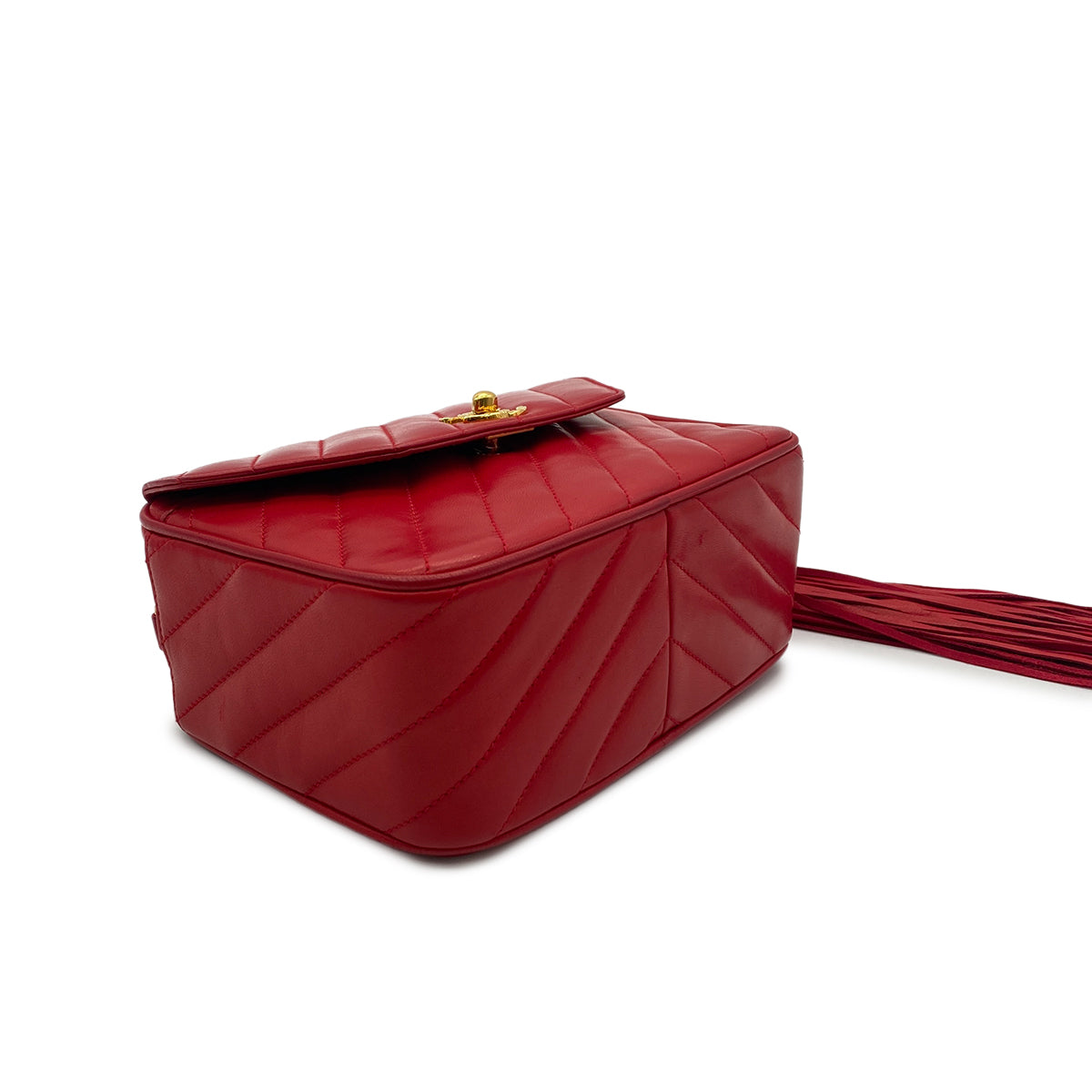 CHANEL VINTAGE BIAS STITCH FRINGE BIJOU CHAIN SHOULDER BAG RED LAMB SKIN 90277334