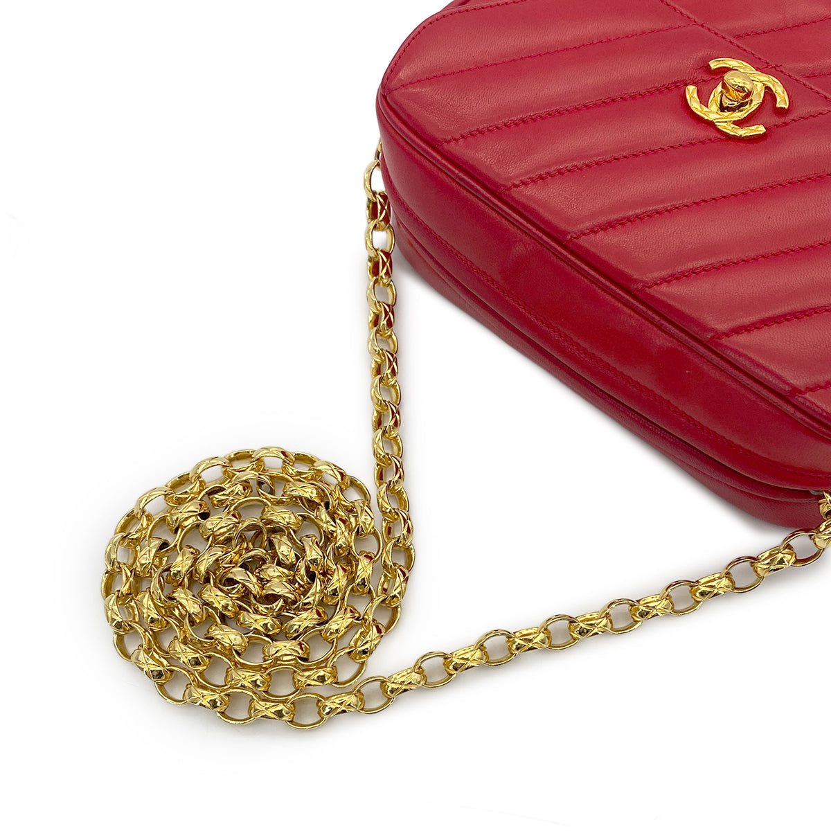 CHANEL VINTAGE BIAS STITCH FRINGE BIJOU CHAIN SHOULDER BAG RED LAMB SKIN 90277334