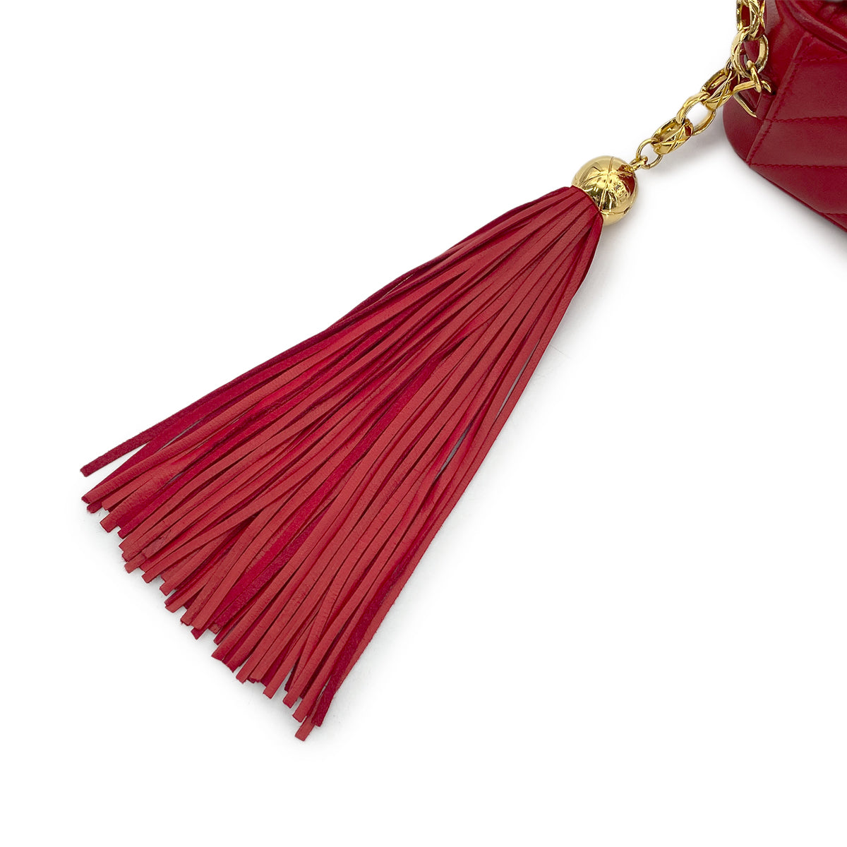CHANEL VINTAGE BIAS STITCH FRINGE BIJOU CHAIN SHOULDER BAG RED LAMB SKIN 90277334