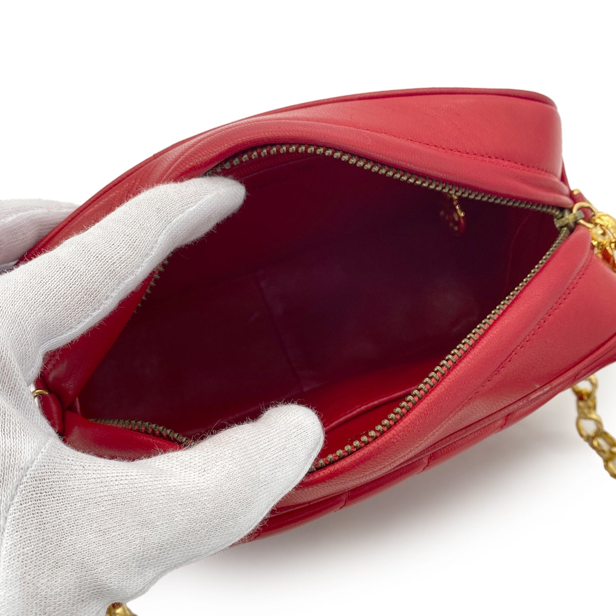 CHANEL VINTAGE BIAS STITCH FRINGE BIJOU CHAIN SHOULDER BAG RED LAMB SKIN 90277334