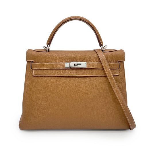 HERMES KELLY 32 RETOURNE GOLD TOGO HAND SHOULDER BAG □K 90277338