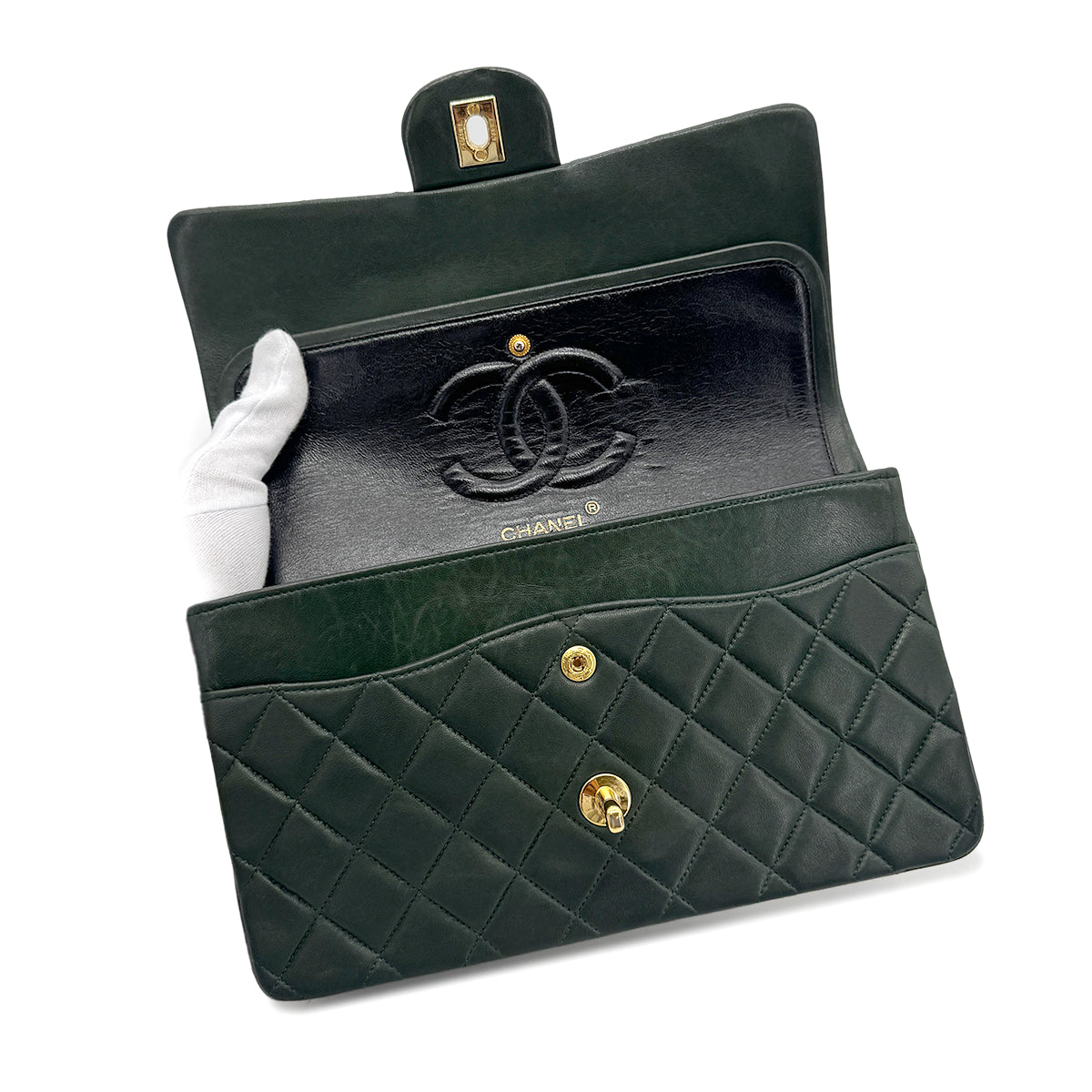 CHANEL VINTAGE CLASSIC FLAP MEDIUM CHAIN SHOULDER BAG GREEN LAMB SKIN 90277553