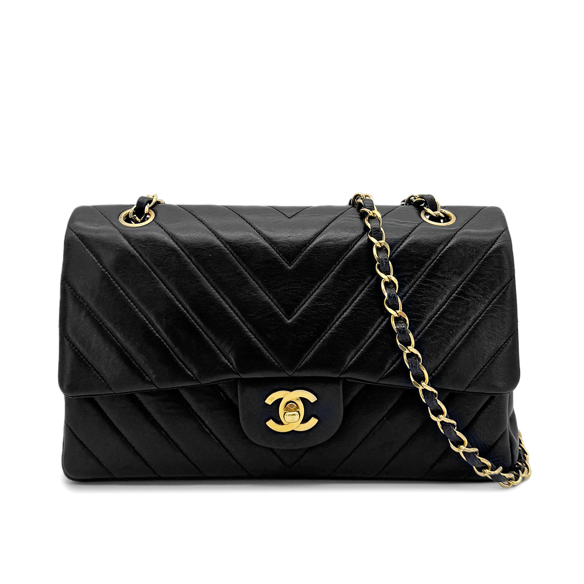 CHANEL VINTAGE CHEVRON V STITCH CHAIN SHUOLDER BAG BLACK LAMB SKIN 90277631