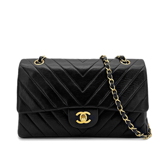 CHANEL VINTAGE CHEVRON V STITCH CHAIN SHUOLDER BAG BLACK LAMB SKIN 90277631