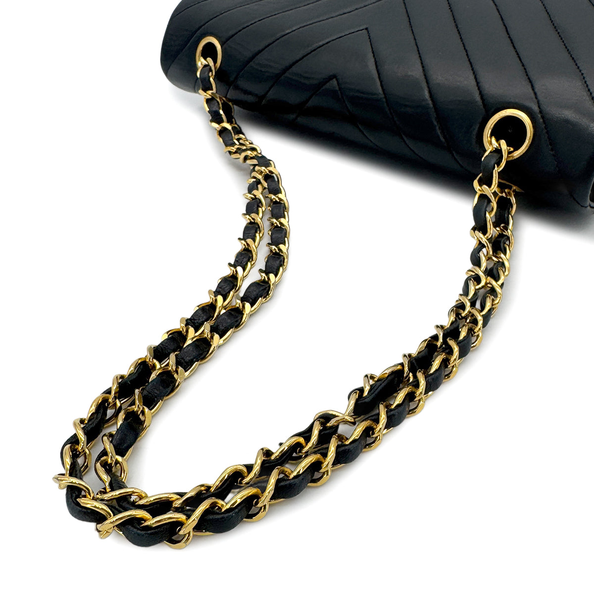CHANEL VINTAGE CHEVRON V STITCH CHAIN SHUOLDER BAG BLACK LAMB SKIN 90277631