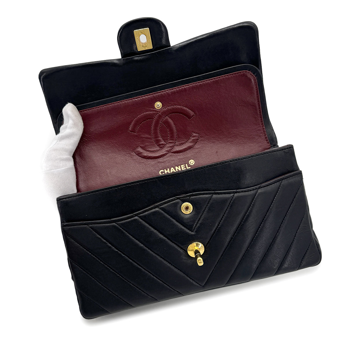 CHANEL VINTAGE CHEVRON V STITCH CHAIN SHUOLDER BAG BLACK LAMB SKIN 90277631