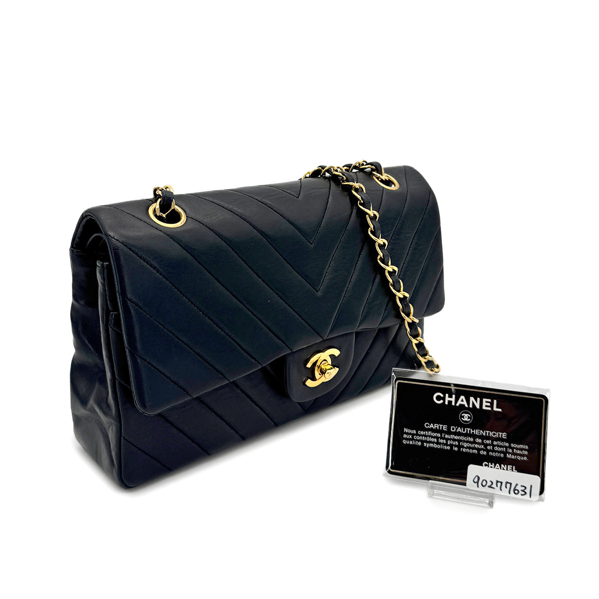 CHANEL VINTAGE CHEVRON V STITCH CHAIN SHUOLDER BAG BLACK LAMB SKIN 90277631