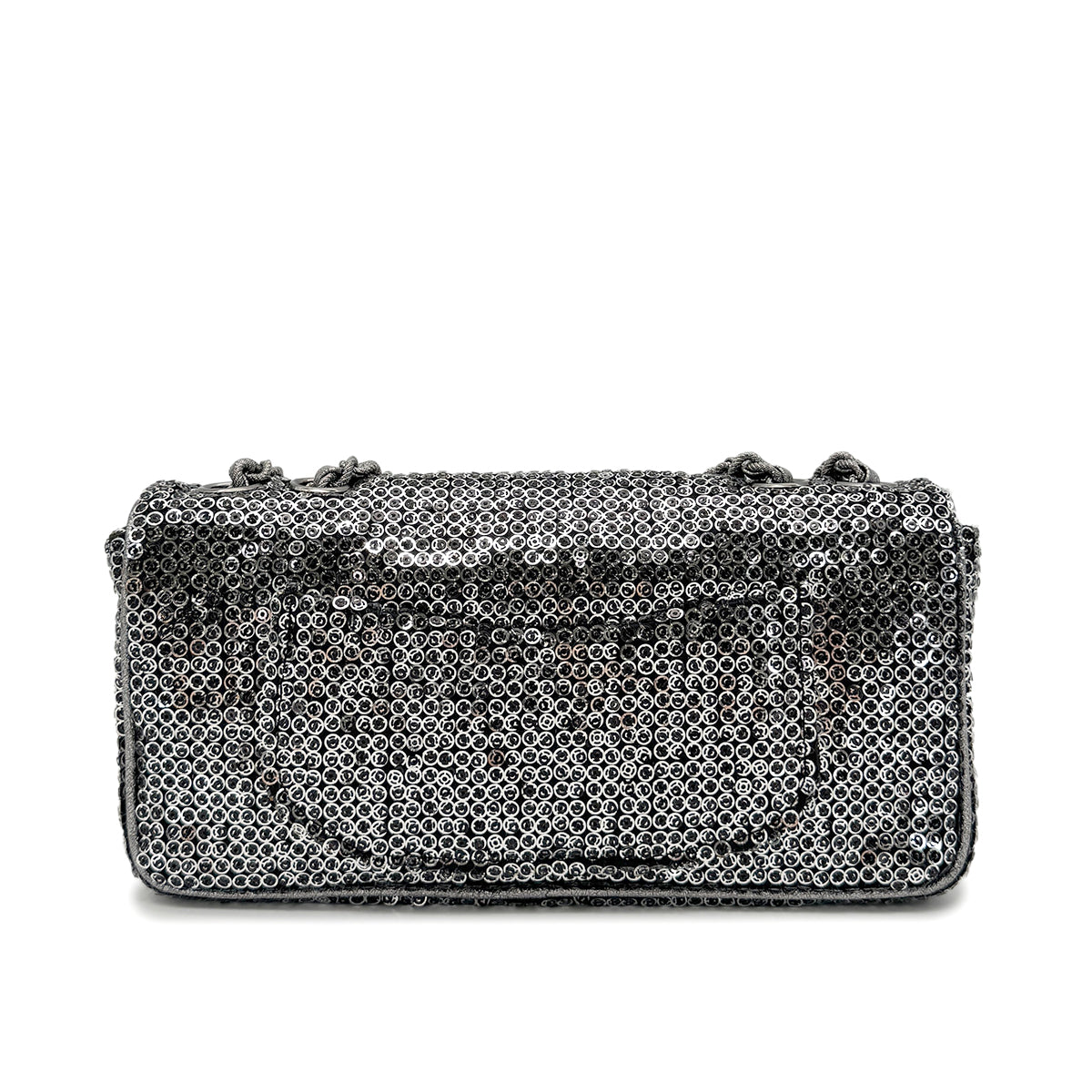 CHANEL VINTAGE EAST WEST CHAIN SHUOLDER BAG SILVER BLACK SEQUINS 90278015