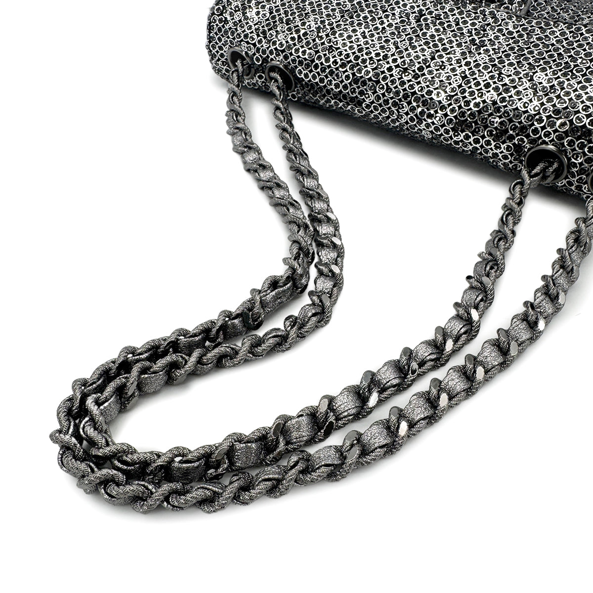 CHANEL VINTAGE EAST WEST CHAIN SHUOLDER BAG SILVER BLACK SEQUINS 90278015
