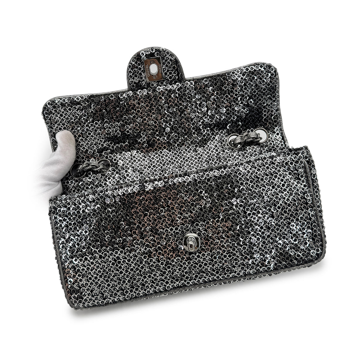 CHANEL VINTAGE EAST WEST CHAIN SHUOLDER BAG SILVER BLACK SEQUINS 90278015