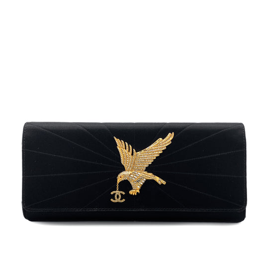 CHANEL VINTAGE COCOMARK STRASS IMPERIAL EAGLE CLUTCH BAG BLACK SATIN 90278017