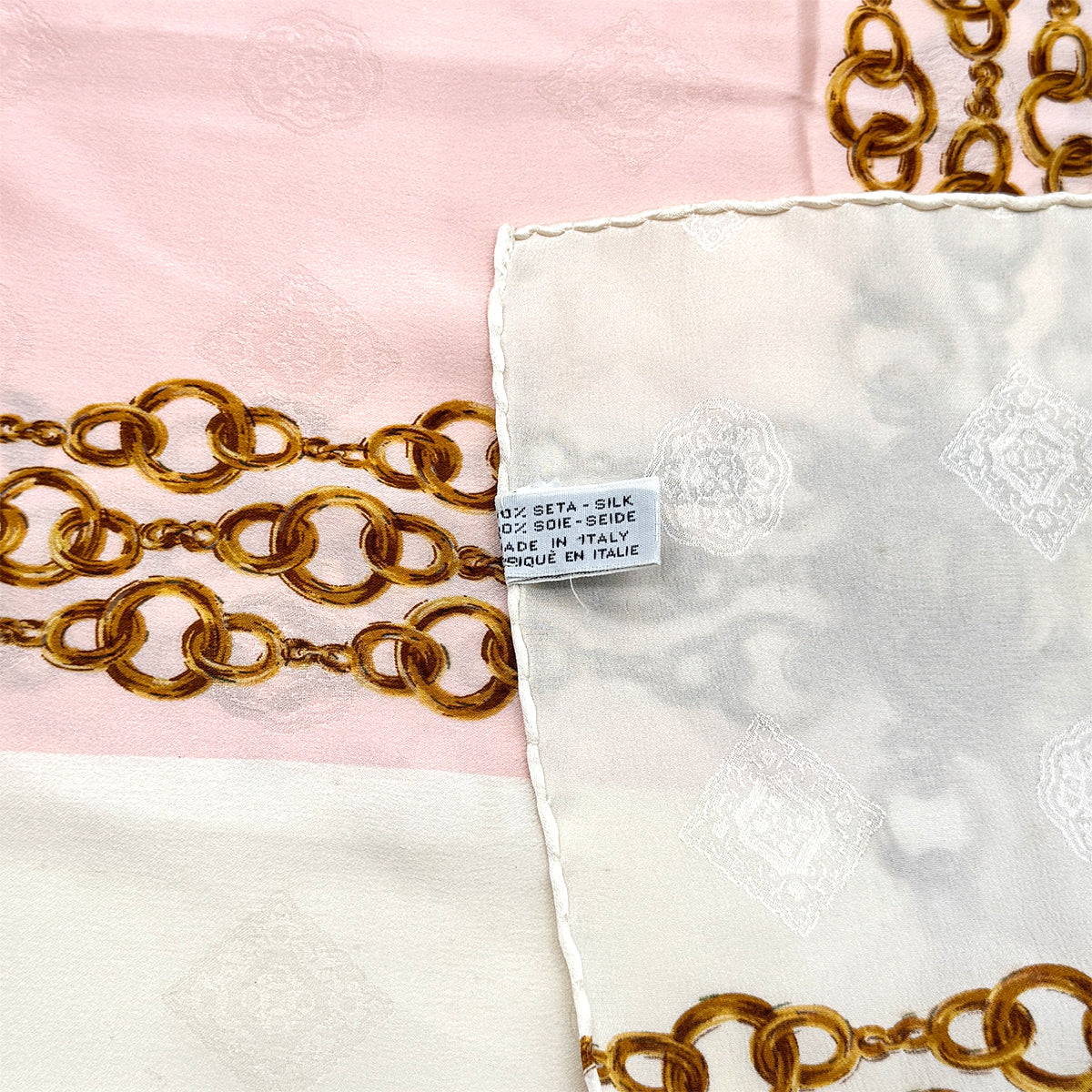 CHANEL VINTAGE SCARF COCOMARK CHAIN PATTERN WHITE PINK SILK 90278449