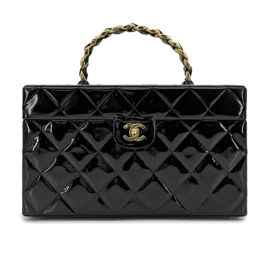 CHANEL VINTAGE VANITY HAND BAG BLACK PATENT LEATHER 90278469