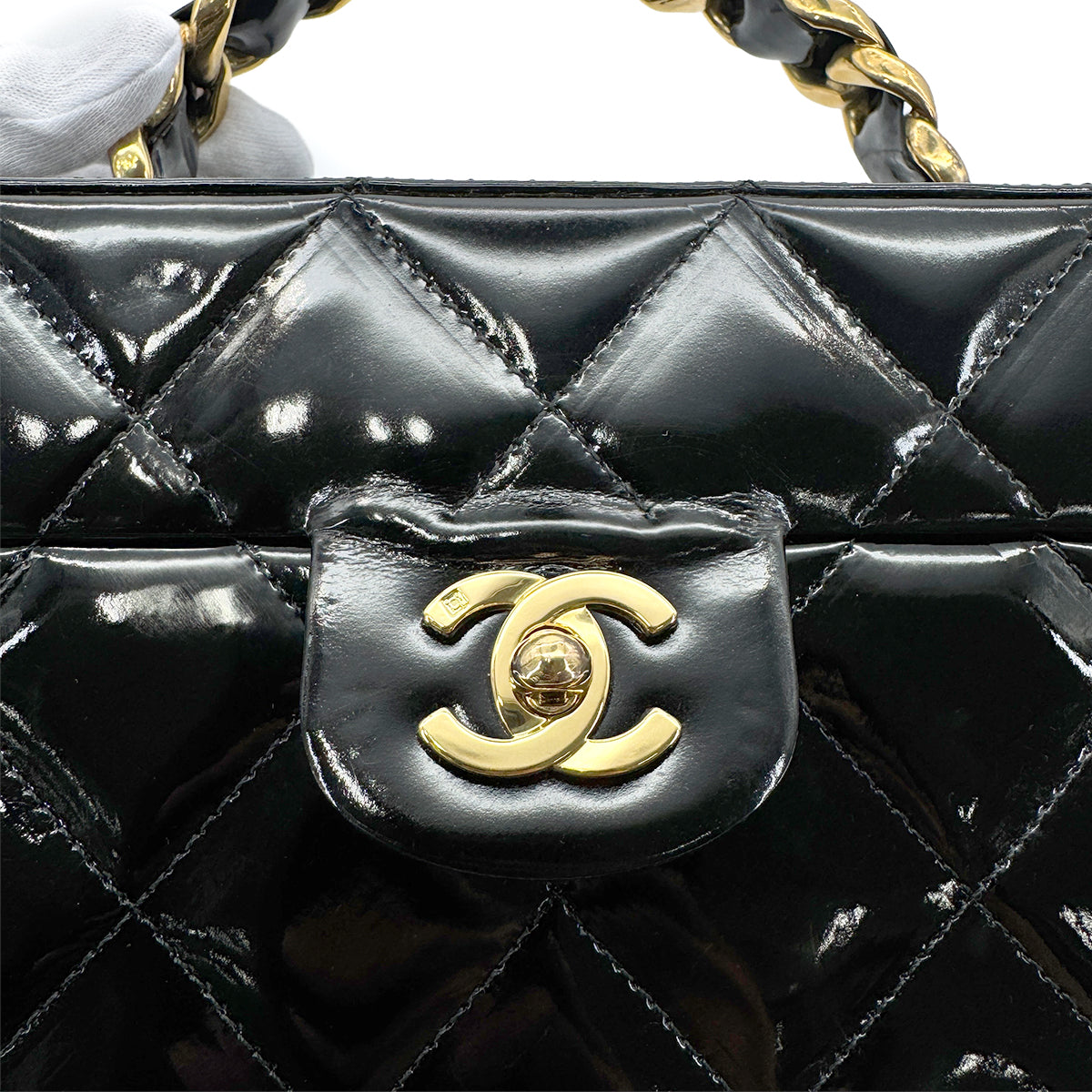 CHANEL VINTAGE VANITY HAND BAG BLACK PATENT LEATHER 90278469