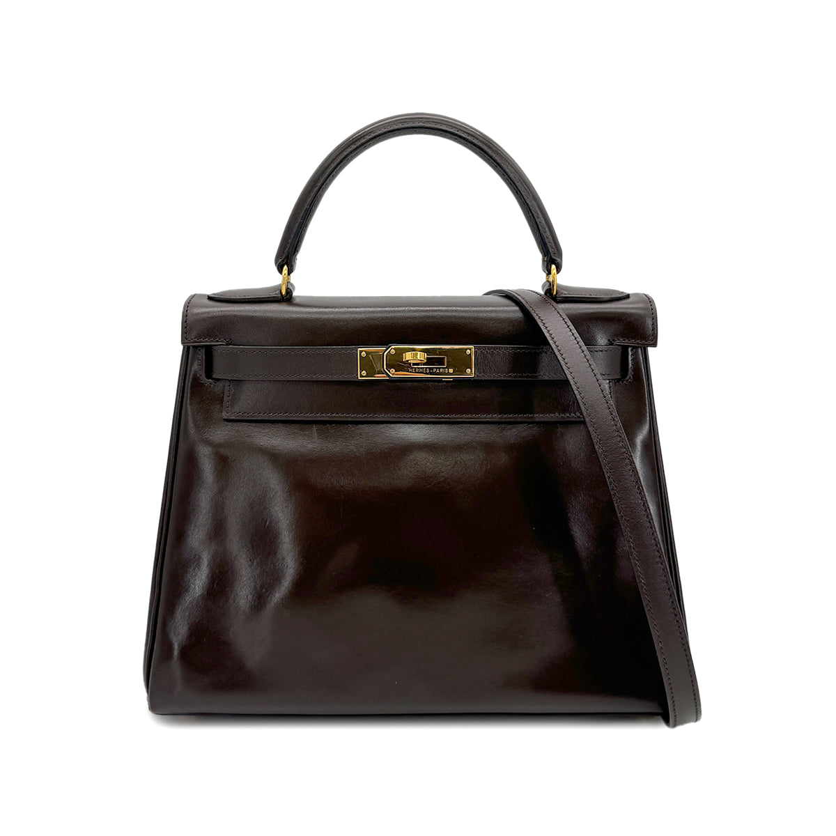 HERMES KELLY 28 RETOURNE DARK BROWN BOXCALF HAND SHOULDER BAG 〇W GHW 90278470