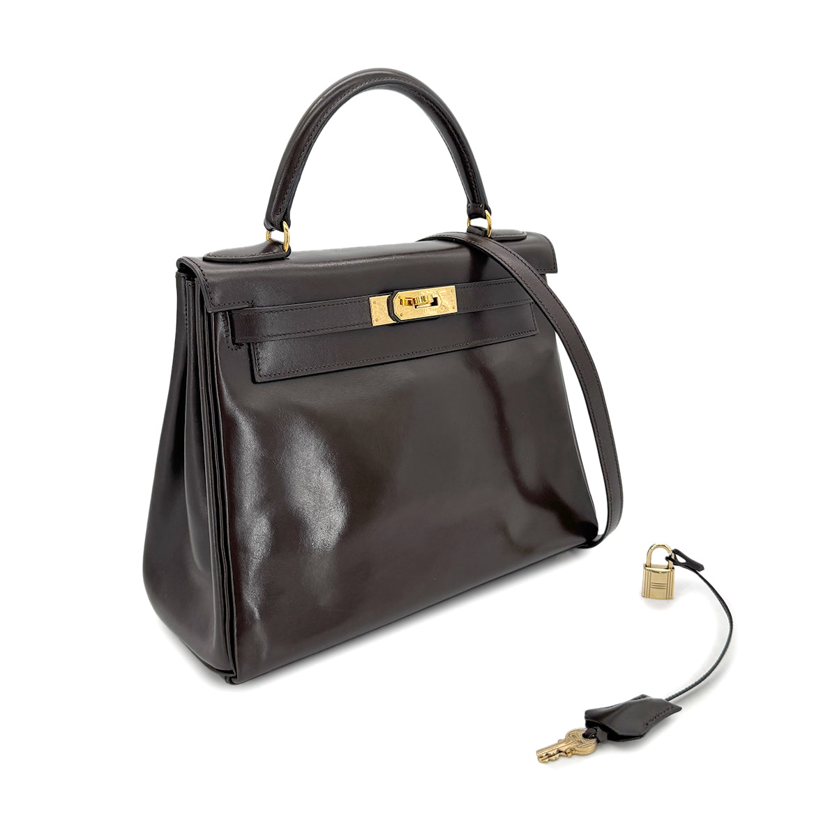 HERMES KELLY 28 RETOURNE DARK BROWN BOXCALF HAND SHOULDER BAG 〇W GHW 90278470