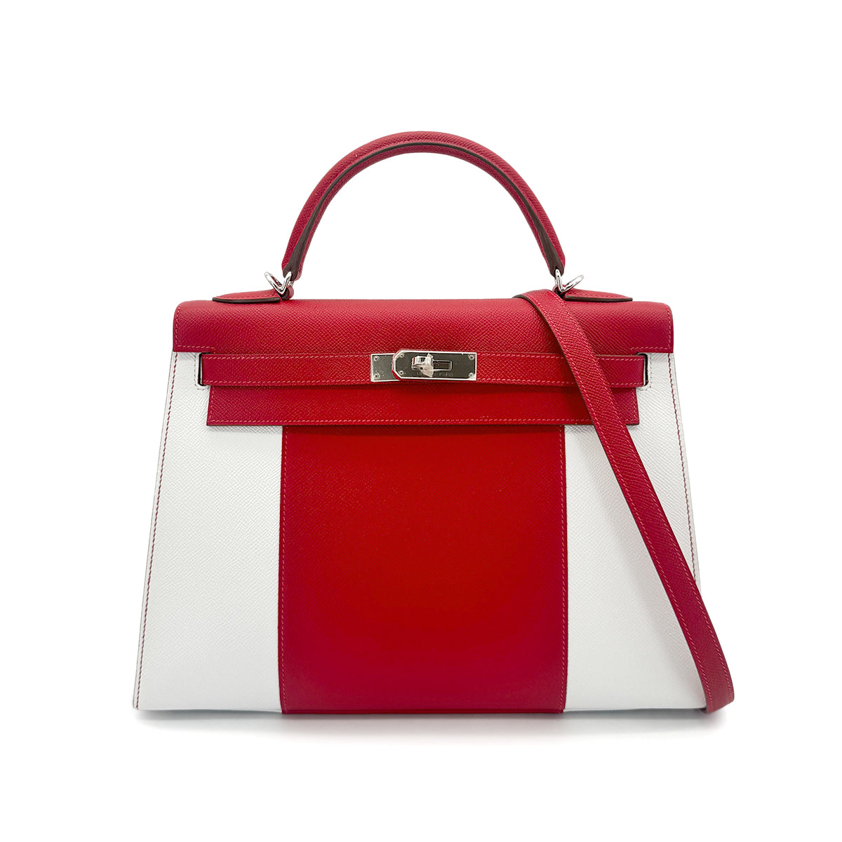 HERMES KELLY FLAG 32 SELLIER ROUGE CASAQUE BLANC EPSOM HAND SHOULDER BAG □R SHW 90278473
